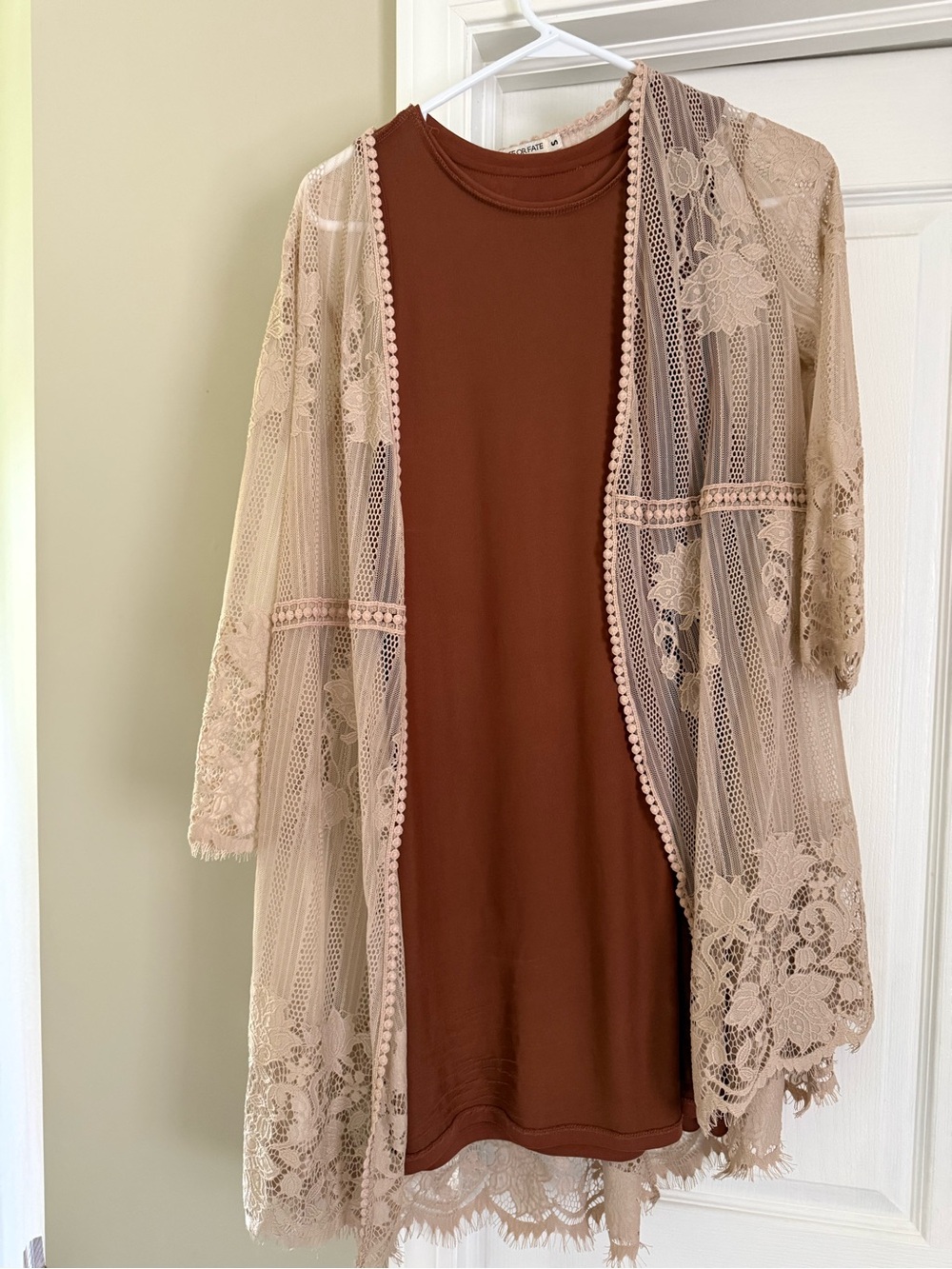 Chance or Fate Rust Brown Mini Dress with Beige Lace Kimono